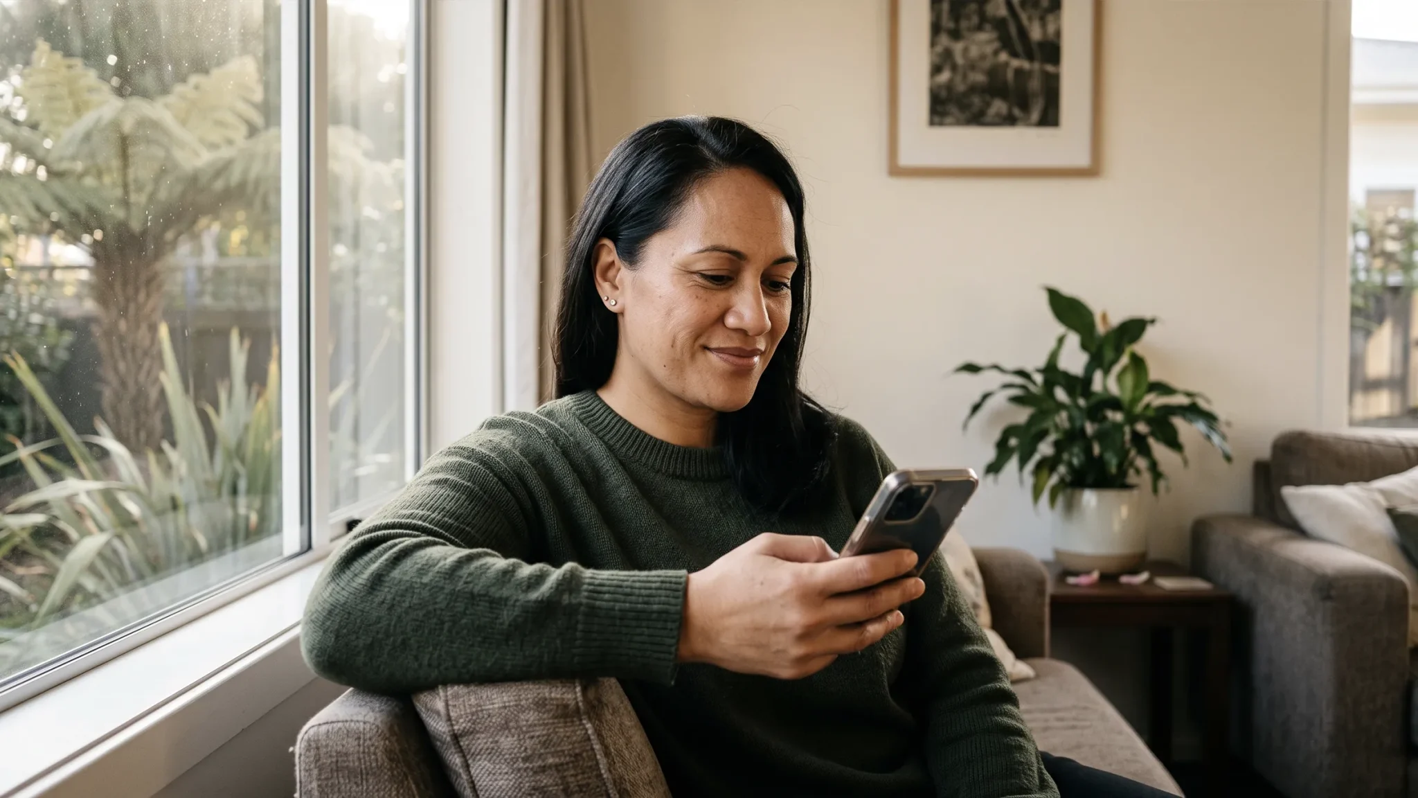 New Zealander reviewing debt consolidation options on a phone at home, Moola NZ